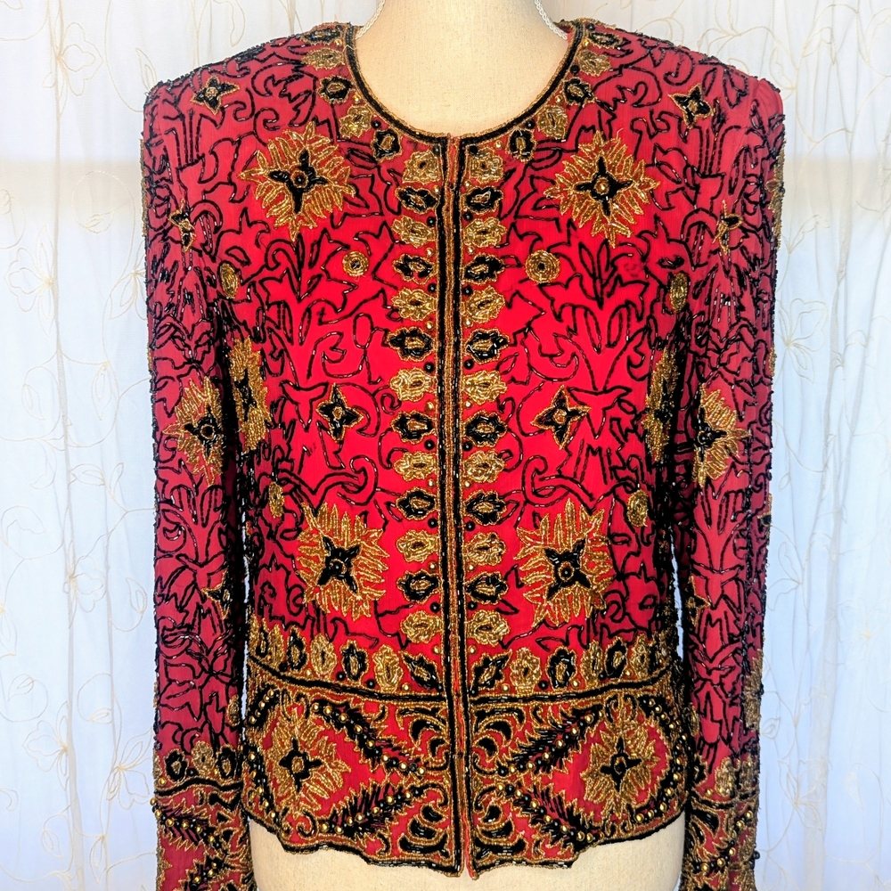 Adrianna Papell Vintage Holiday Red and Gold Embellished Blazer